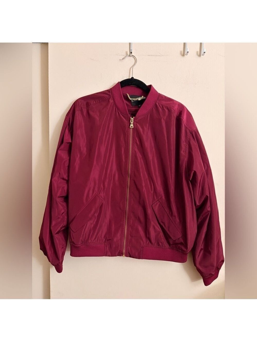 Express Burgundy Satin Bomber Jacket Full Zip Maroon Lightweight Windbreaker S